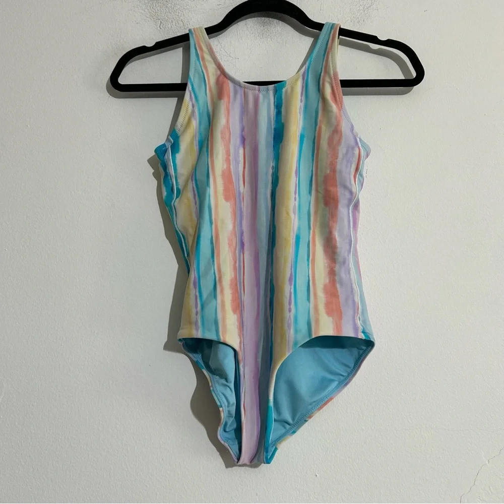 Athleta Girl Scoop One Piece Swimsuit Watercolor Stripe Blue Size Large 12
